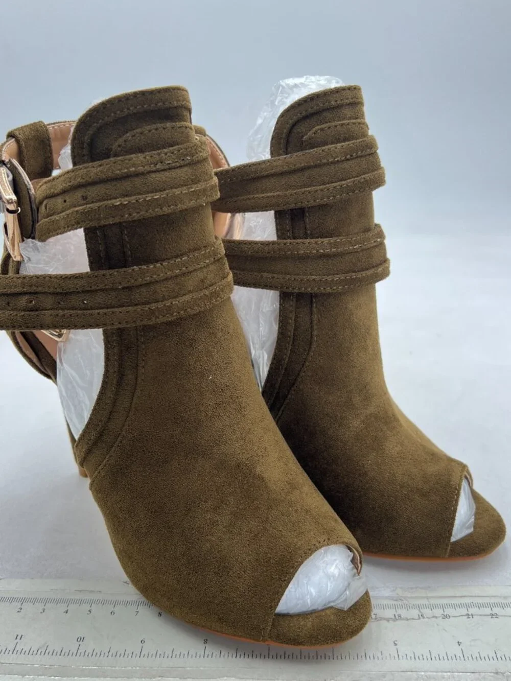XYD Olive Green Peep Toe Ankle Booties Dual Buckled Straps Stiletto Heels Sandal